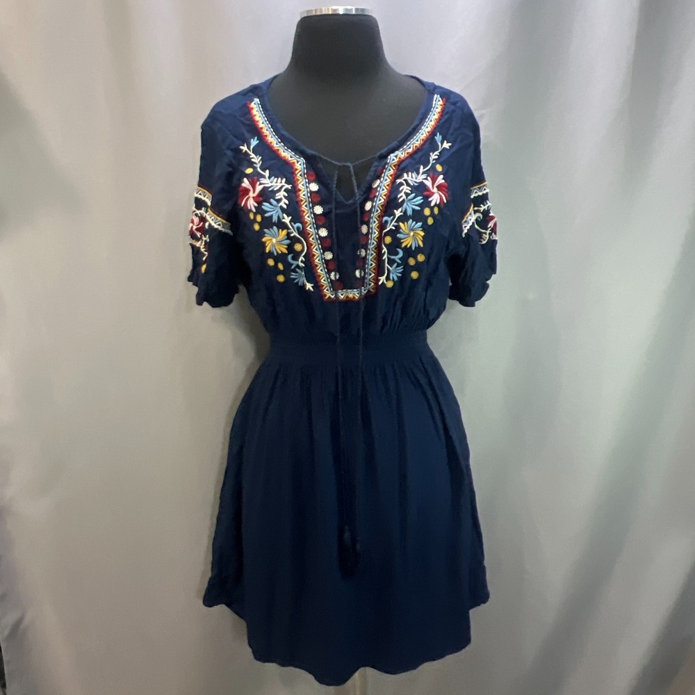 Lascana A Line Dress Womens 8 Navy Embroidered Smocked Bodice Self Tie Tassel